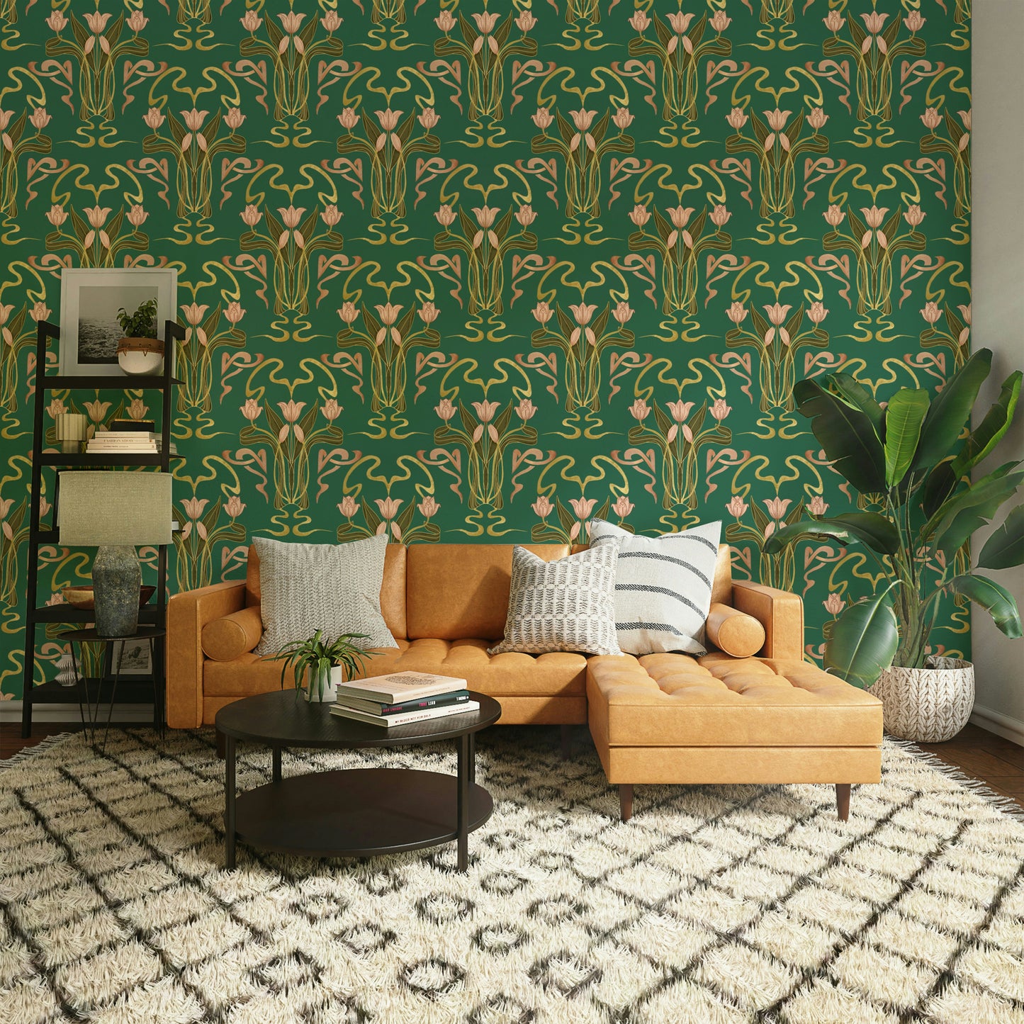 Deep green mural wallpaper design

