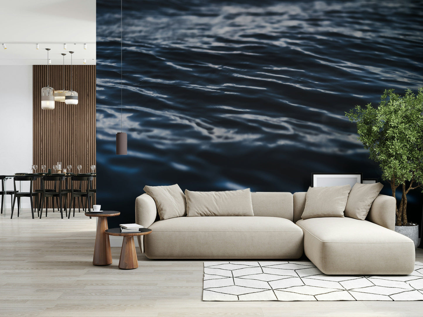 Wall mural depicting subtle blue wave patterns and rippling water effects.