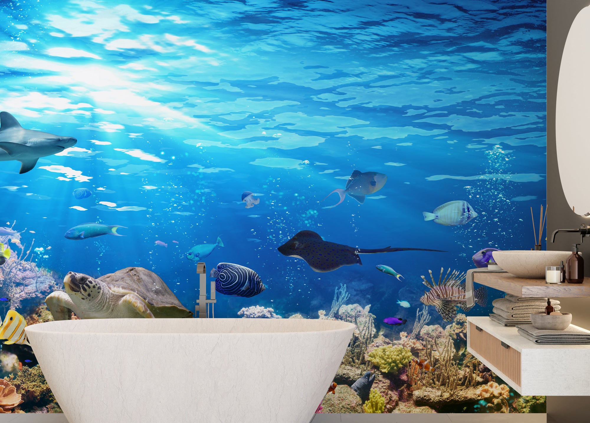 Deep Blue Sea Water with Corel Reef wallpaper mural shown as a full feature wall that highlights the design