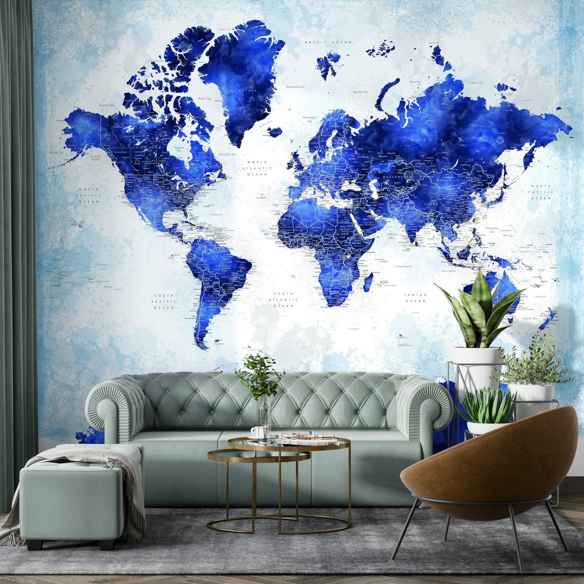 Deep Blue Watercolor World Map Wallpaper