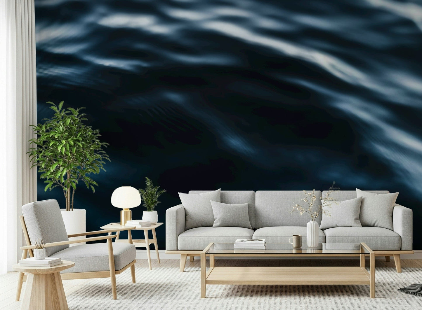 Decorative wall mural with rolling deep blue waves for a calming coastal effect.