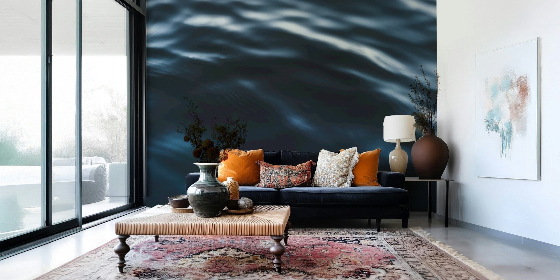 Deep Blue Waves Wall Mural featuring realistic ocean waves in rich navy and turquoise hues.