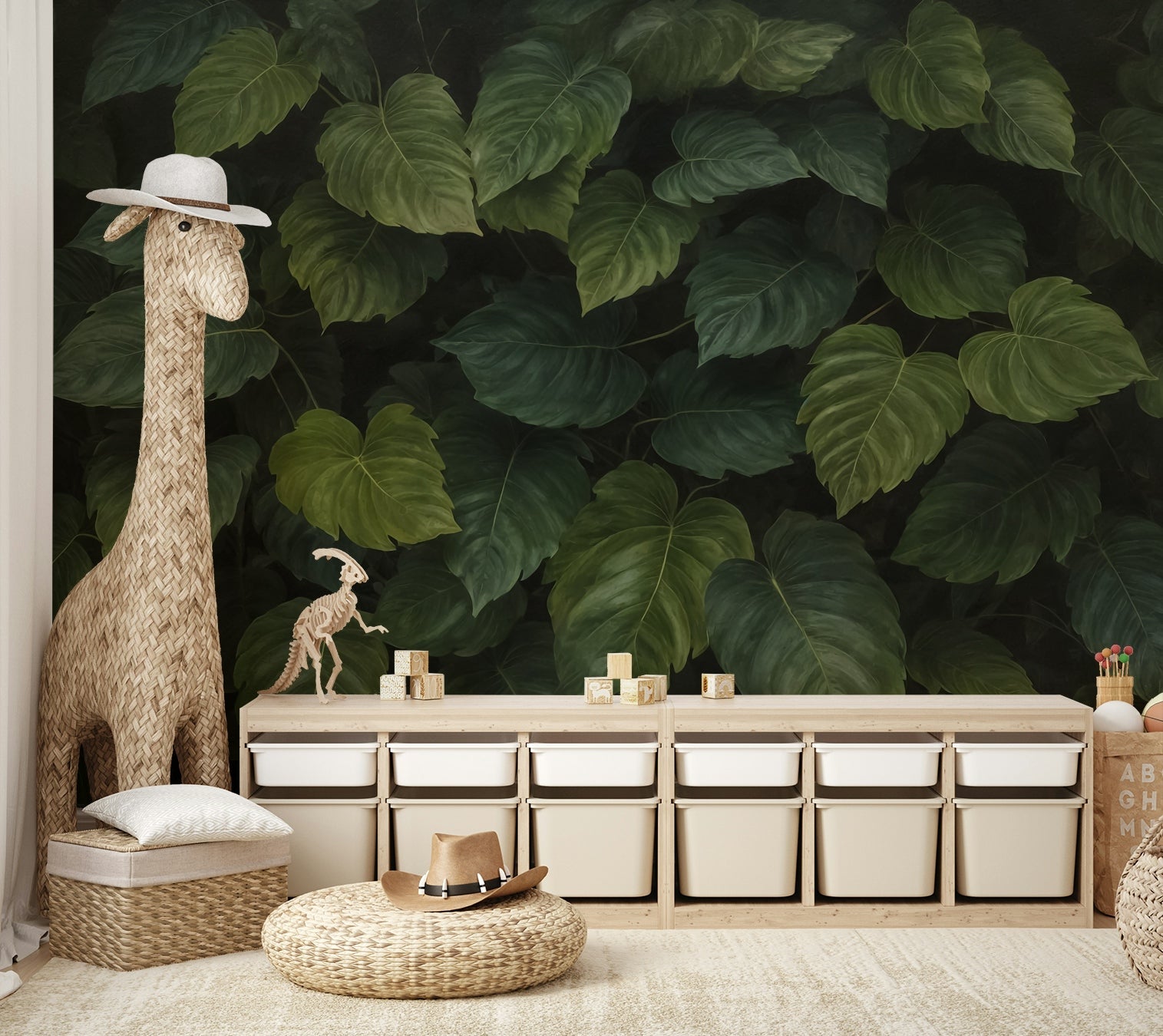 The colors are rich, deep shades of dark forest green.
