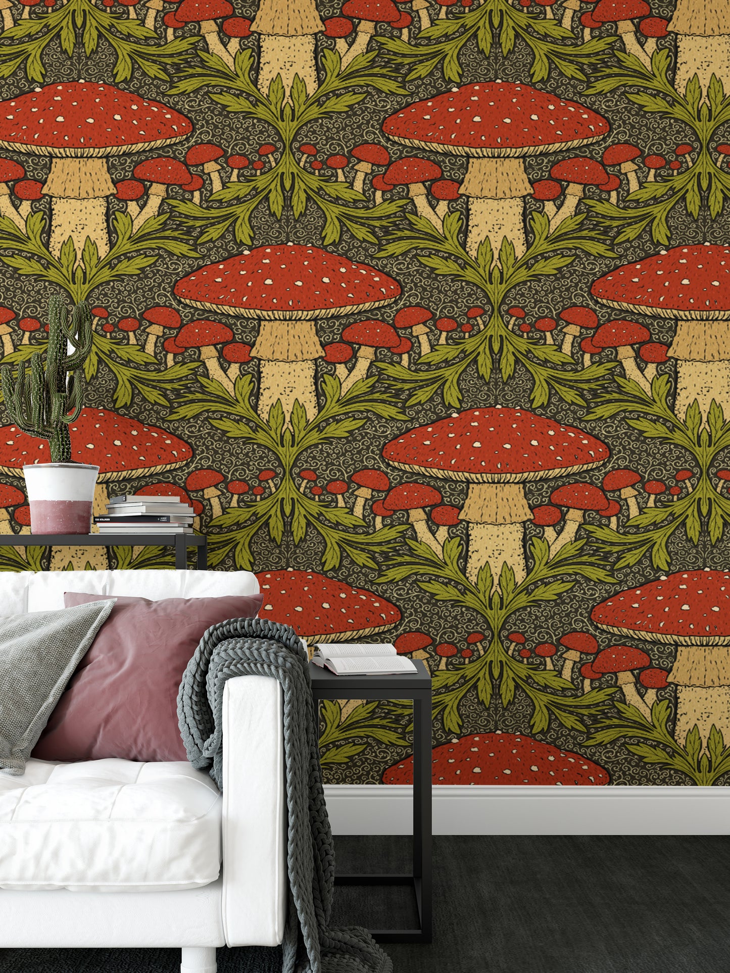 Sophisticated heritage mushroom wallpaper in deep red tones.
