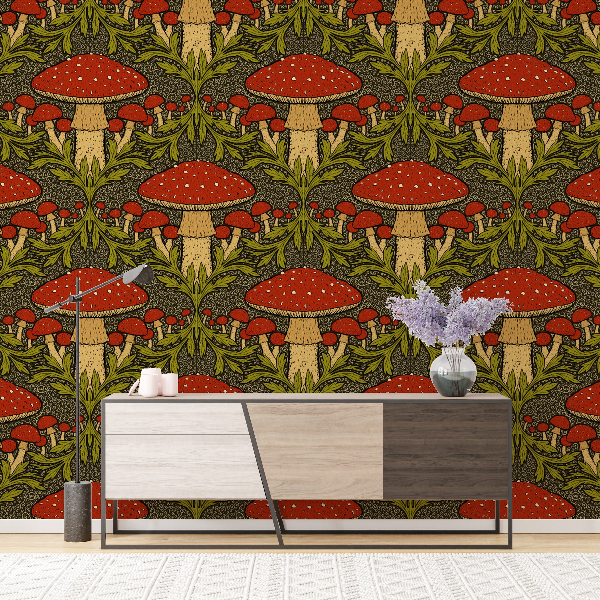 Bold deep red mushroom wallpaper for a striking vintage accent.
