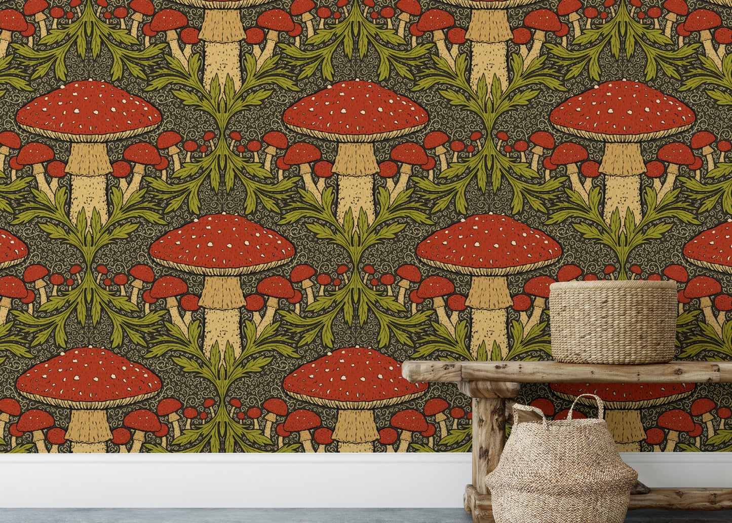Elegant deep red heritage mushroom wallpaper for timeless decor.
