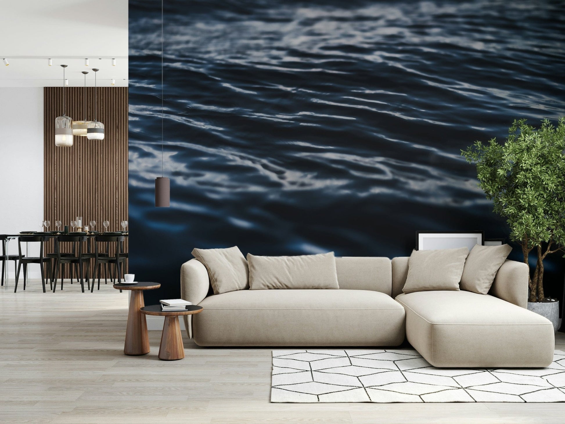 Wall mural depicting subtle blue wave patterns and rippling water effects.