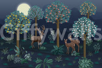 Deer in Bloom mural behind a velvet headboard in a flat.