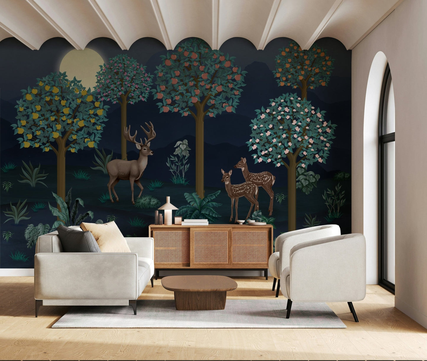 Elegant deer and flower mural on a textured wall in a lounge.