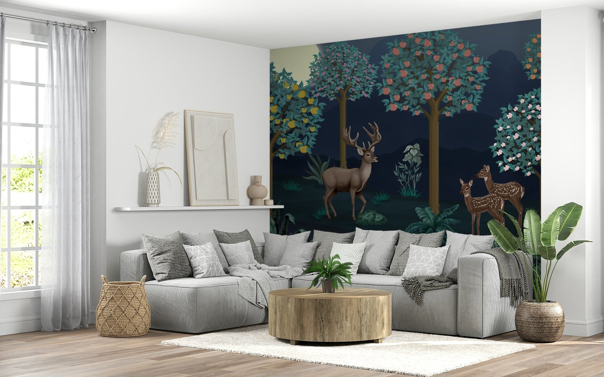 Nature inspired wall mural for a compact flat hallway.