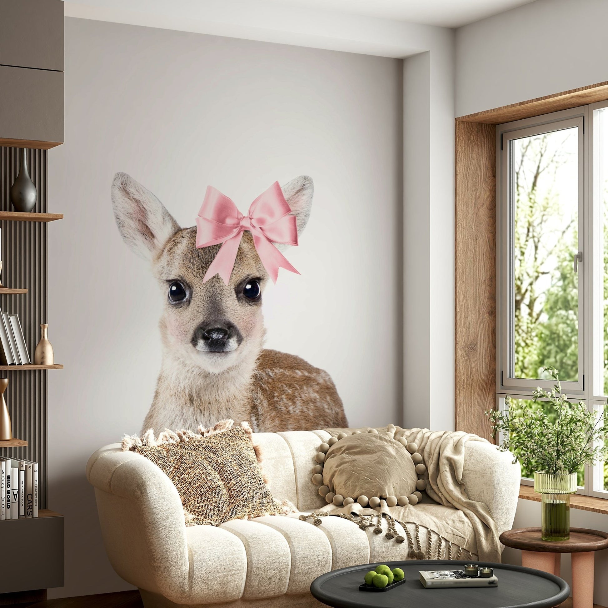 Stunning deer with a bow wall mural for woodland vibes.

