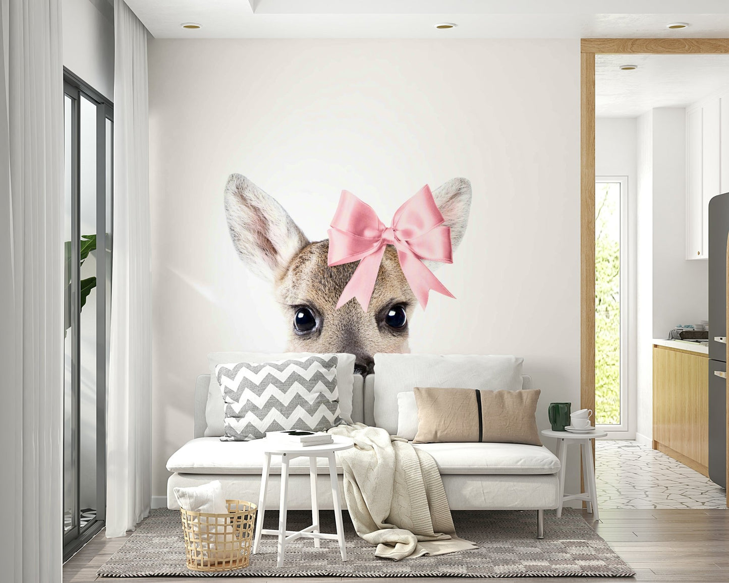 Deer with a bow wall mural capturing nature’s beauty.

