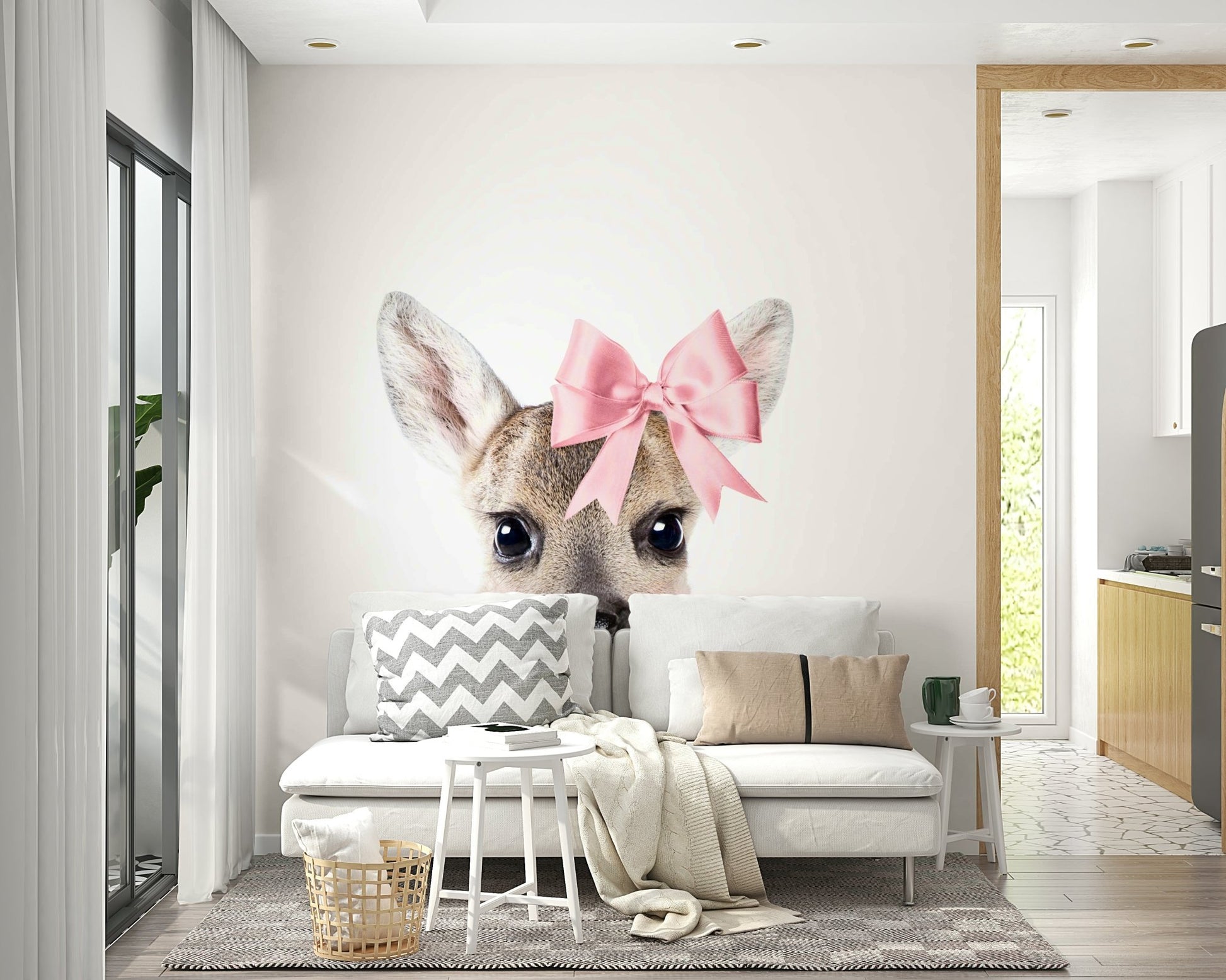 Deer with a bow wall mural capturing nature’s beauty.

