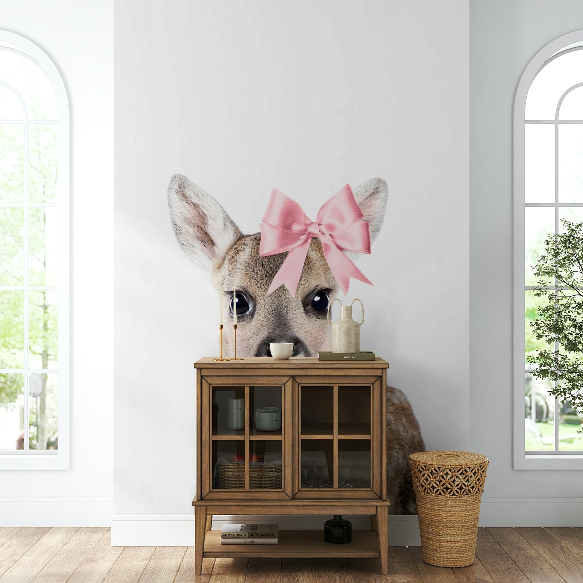 Majestic deer with a bow mural in soft tones.

