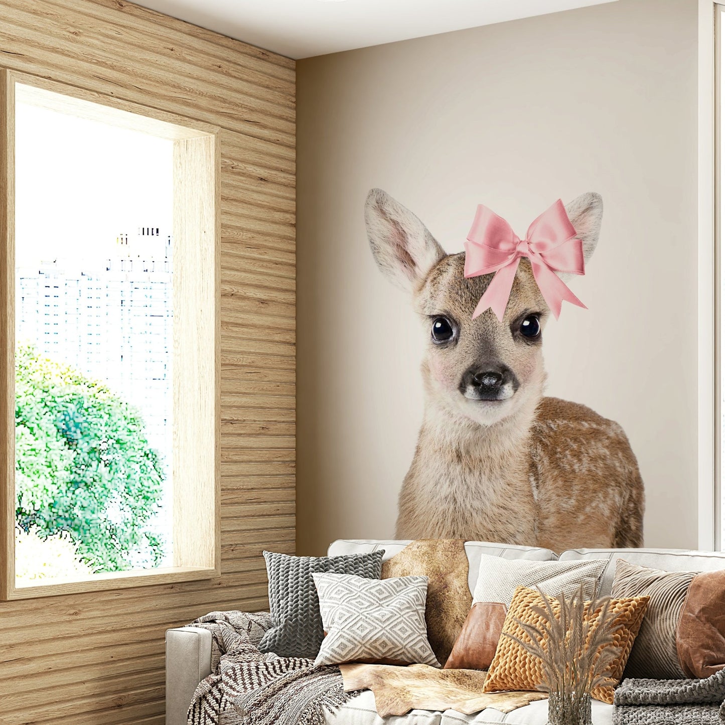 Graceful deer with a bow mural for stylish interiors.

