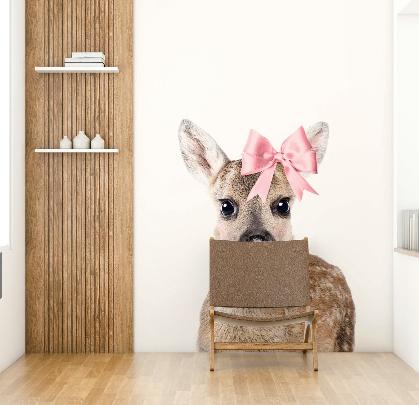 Beautiful deer with a bow wall art mural for rustic spaces.

