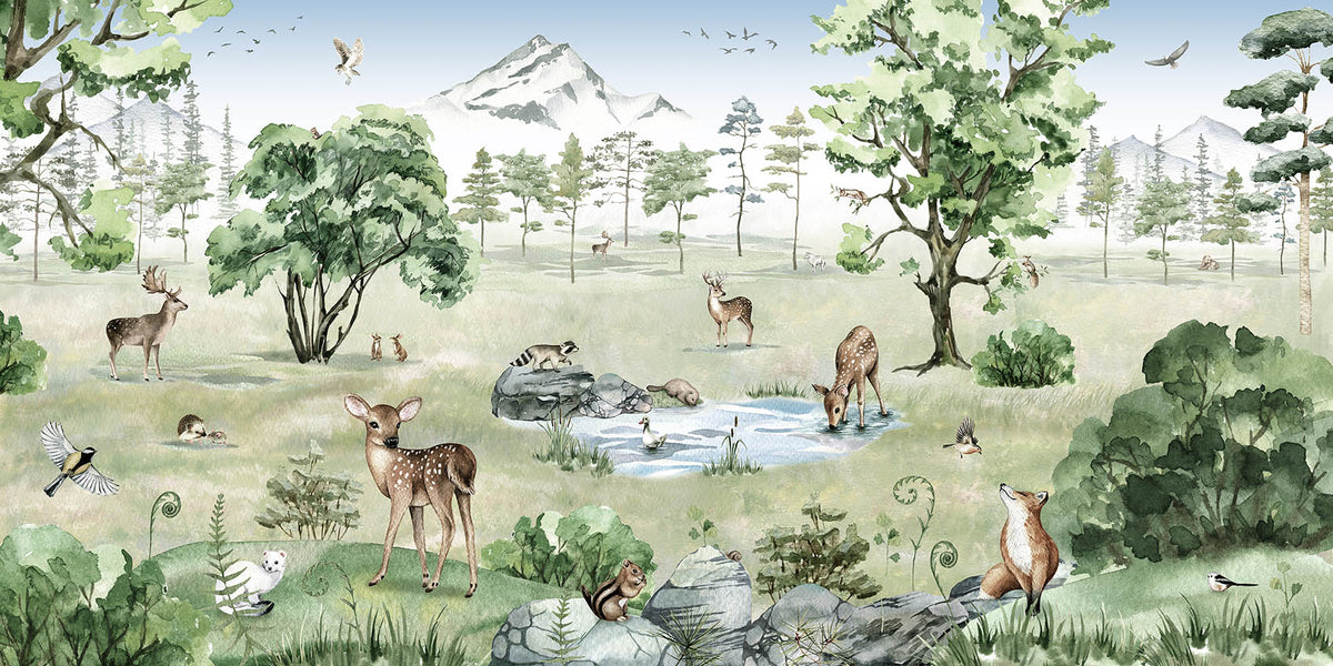 Watercolor Deer Forest summer Animals Wallpaper in your room