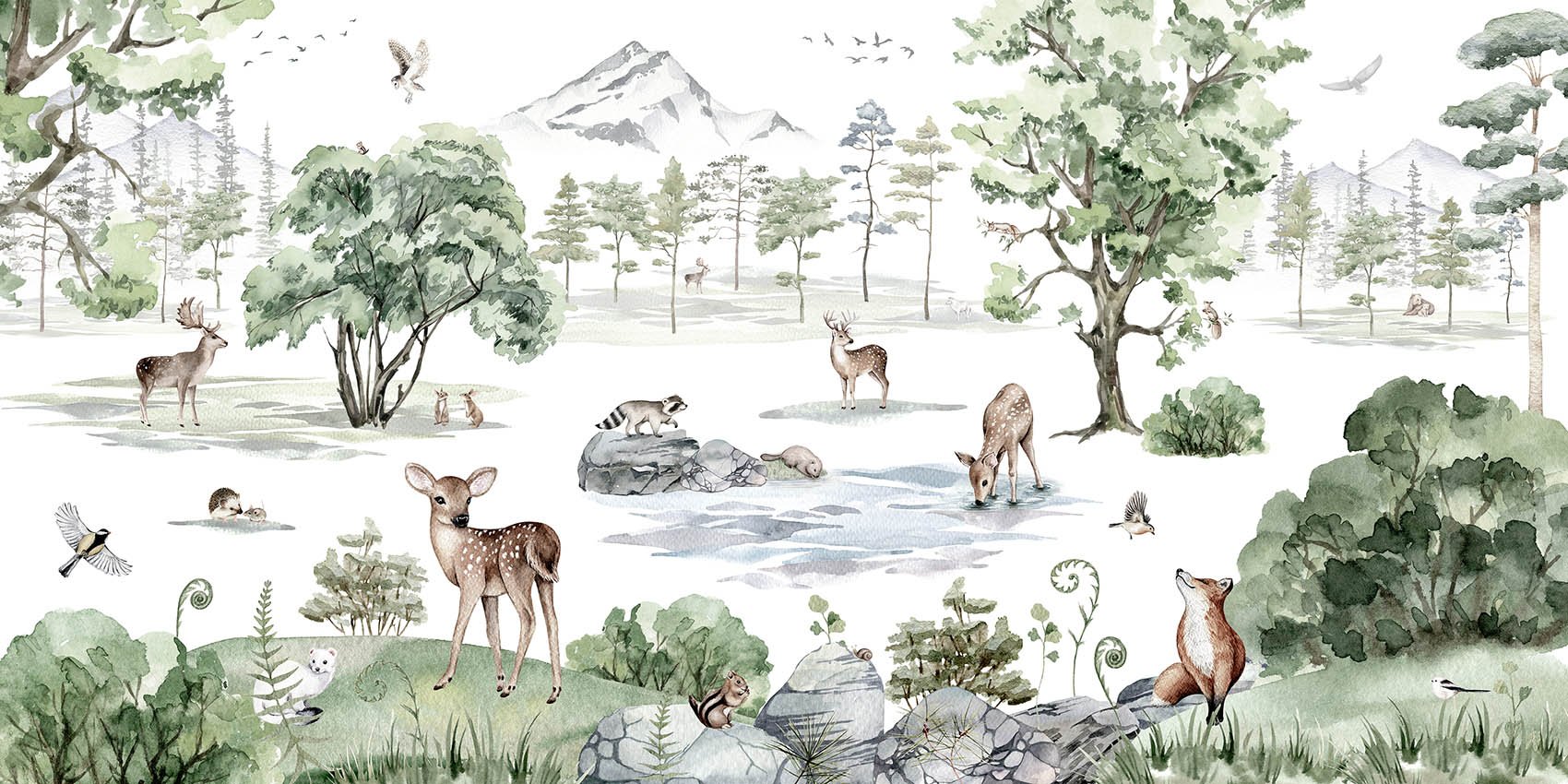 Watercolor Deer winter Forest Animals Wallpaper