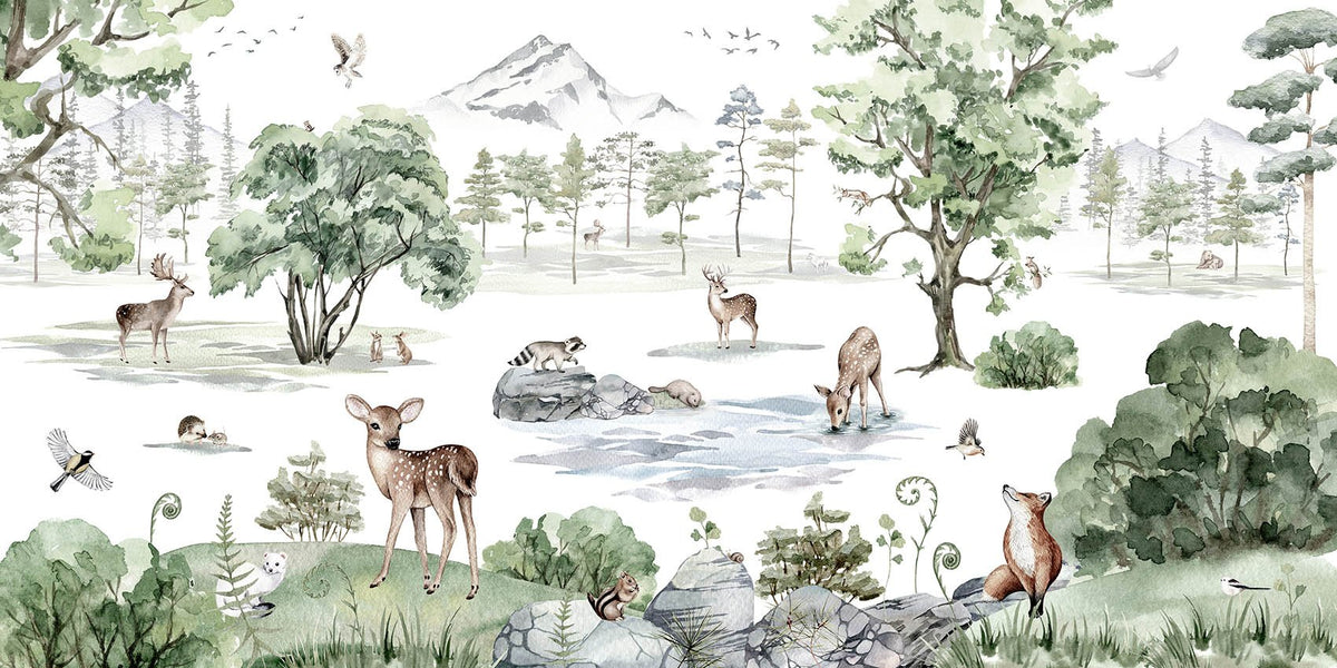 Watercolor Deer winter Forest Animals Wallpaper in your room — zoomed