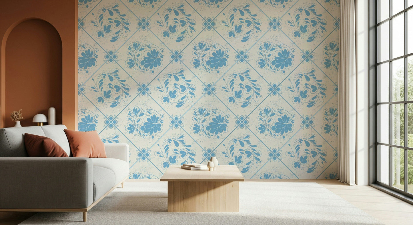 Delft Bloom Wallpaper on hallway wall, blue botanical print, bright and airy entry decor