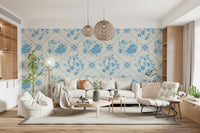 Delft Bloom Wallpaper in modern living room, blue and white floral pattern, feature wall decor