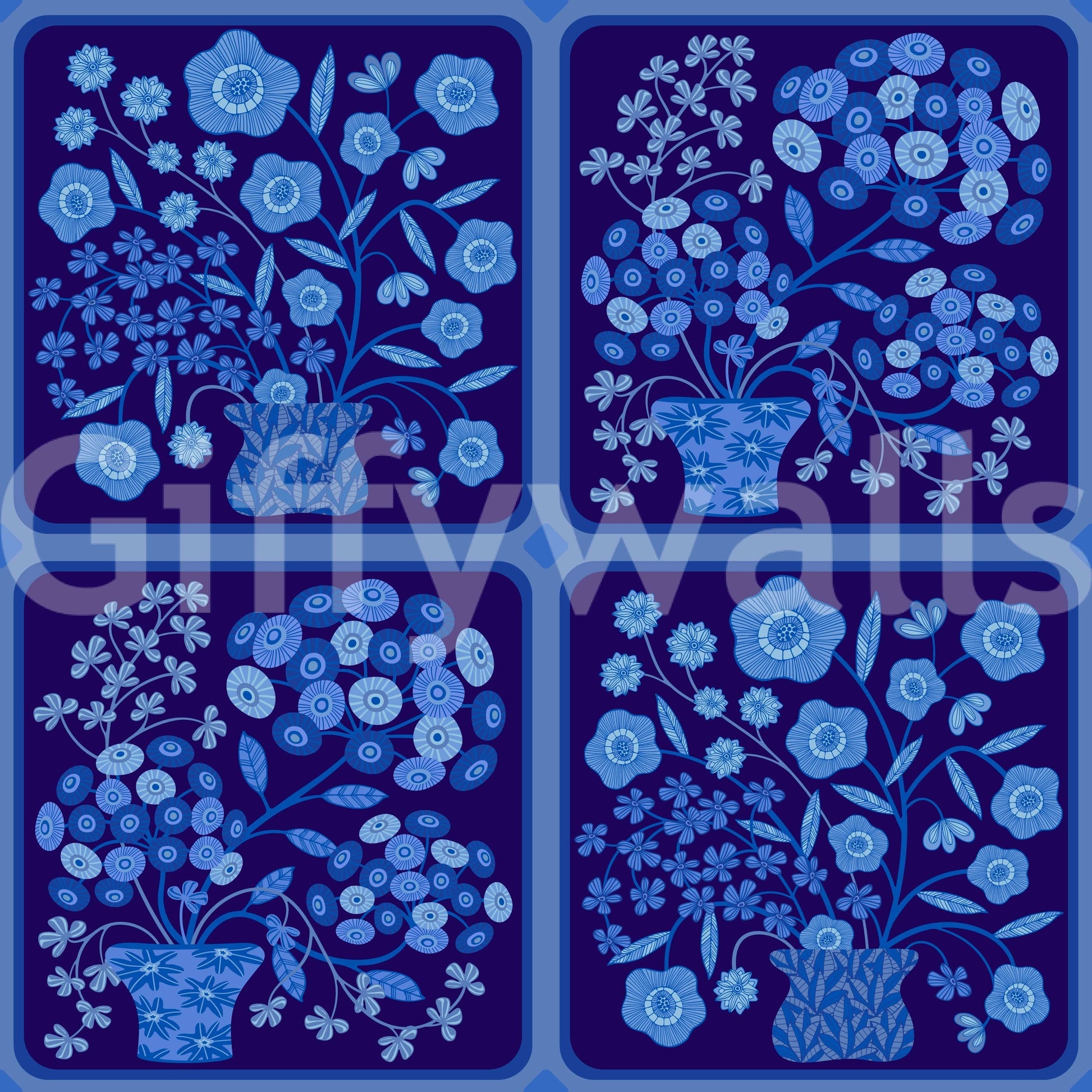 Hallway wall decor using blue and white floral tile wallpaper, bouquet repeats, clean structured design