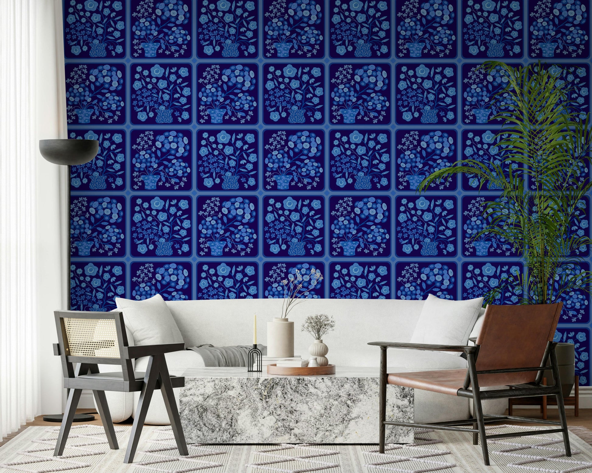 Entryway wall with dark delft blue bouquet tile print wallpaper, decorative tile effect without grout