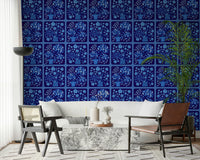 Entryway wall with dark delft blue bouquet tile print wallpaper, decorative tile effect without grout