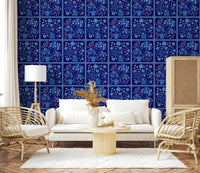 Minimal lounge with dark blue delft floral tiles wallpaper, bouquet print, balanced patterned wall