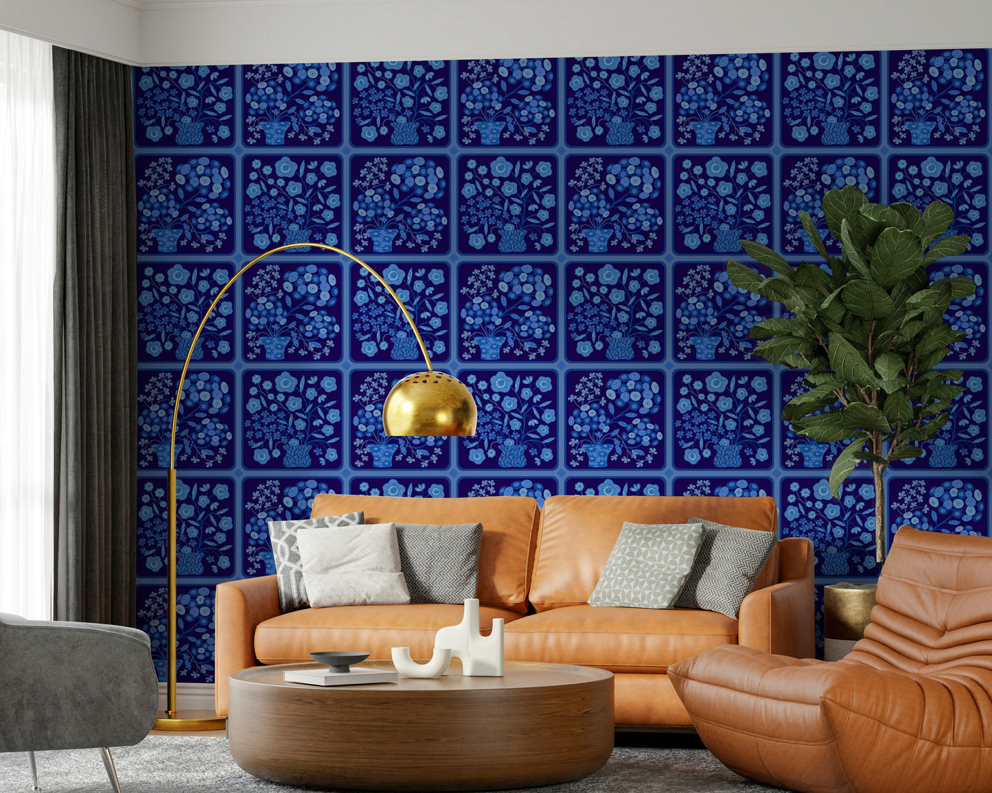 Bathroom wall décor with dark delft blue floral tile wallpaper, classic blue and white bouquet design