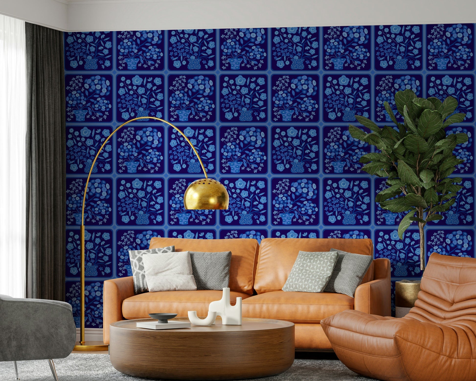 Bathroom wall décor with dark delft blue floral tile wallpaper, classic blue and white bouquet design