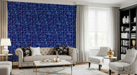 Home office wall with dark blue delft floral tile motif, structured pattern, smart feature wall