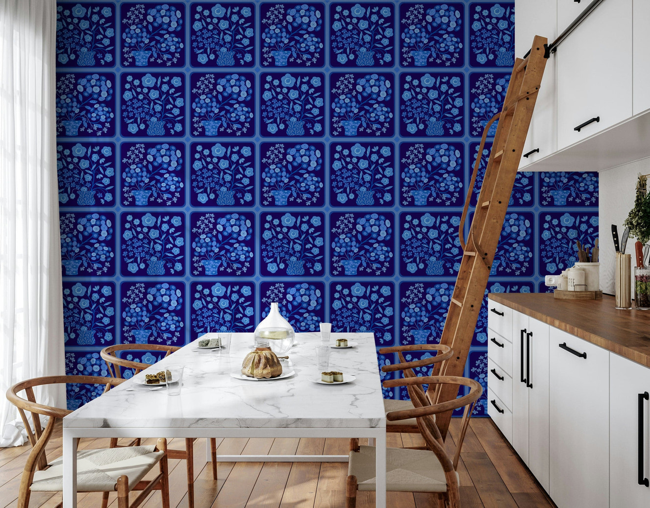 Dark delft blue floral tile wallpaper on living room feature wall, bouquet pattern, classic home décor
