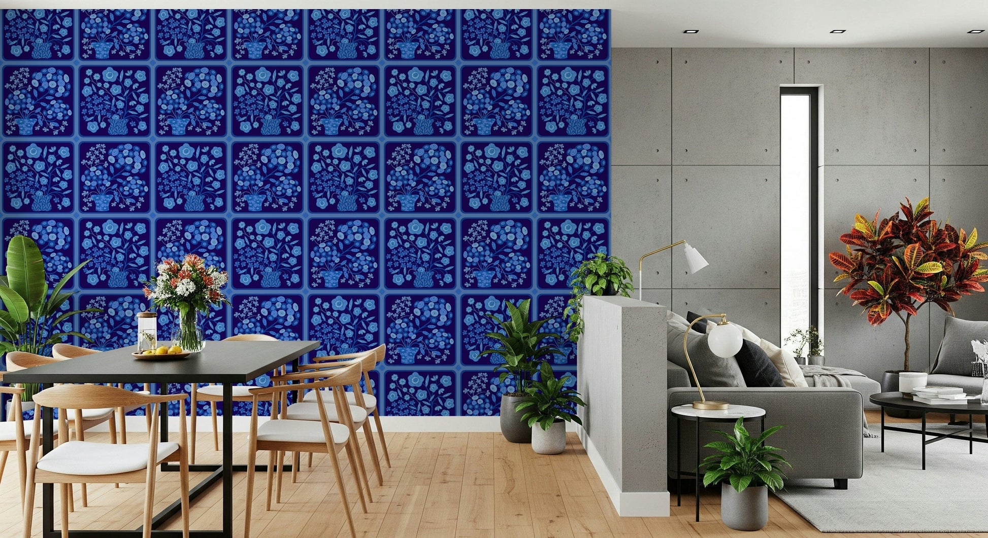 Utility room wall décor with blue floral tile wallpaper, bouquet repeats, crisp tile-style layout