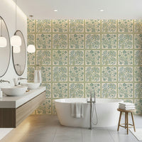 Traditional tile aesthetic wallpaper for a cottage style apartment interior.