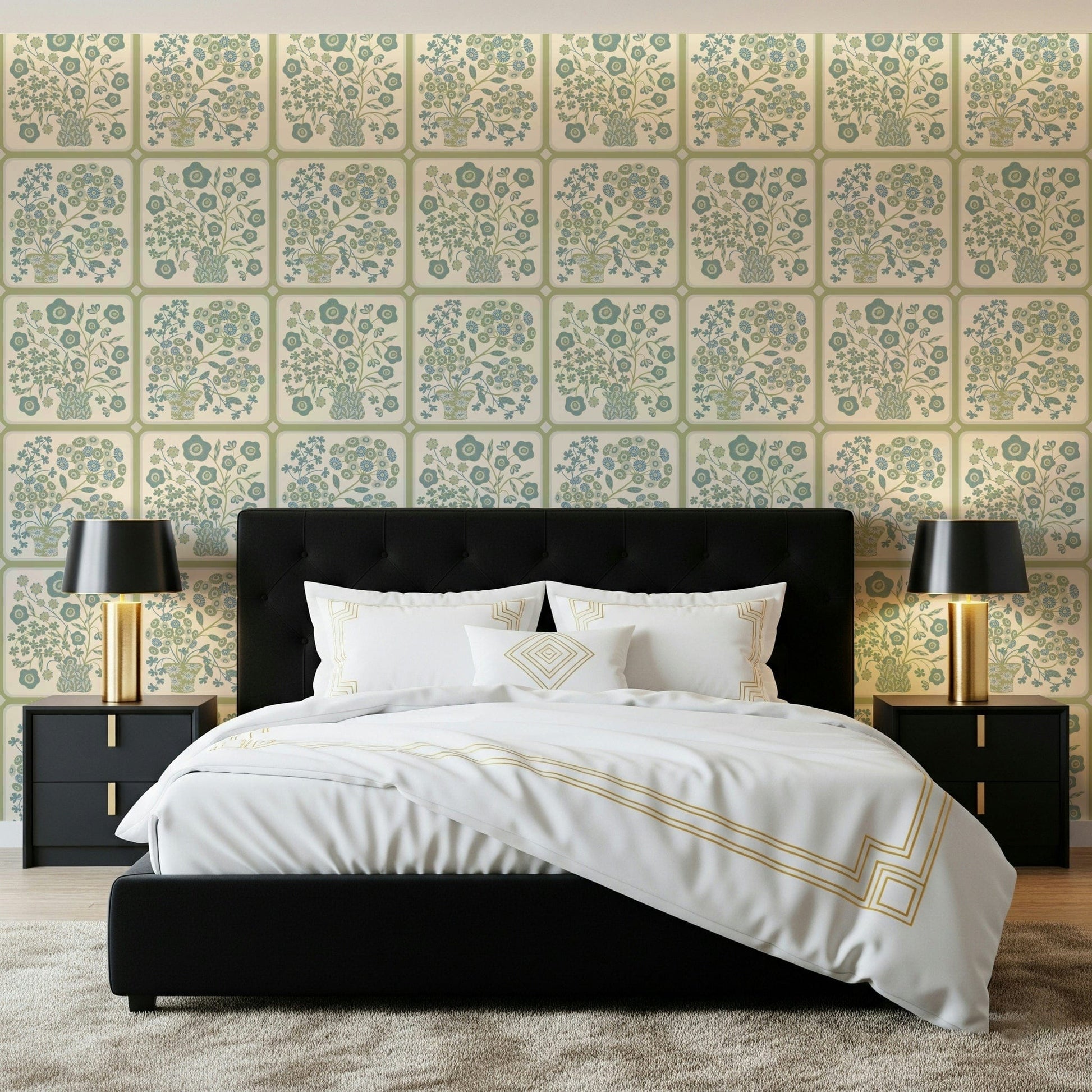 Minimalist living room featuring a geometric floral tile wallpaper design.