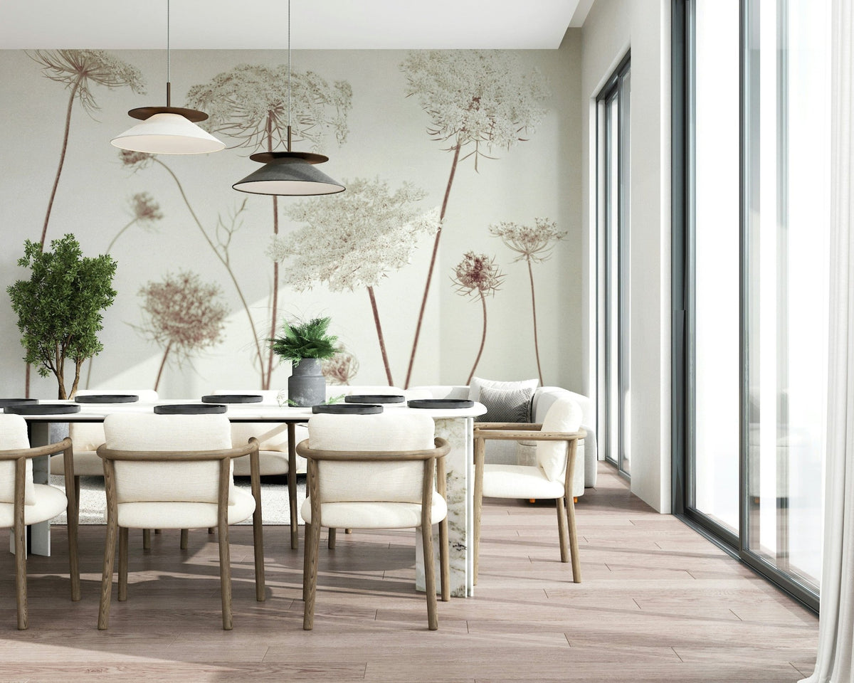 Delicate Beauty wallpaper mural of beige Queen Anne's lace seed heads in a dining room with white chairs and pendants