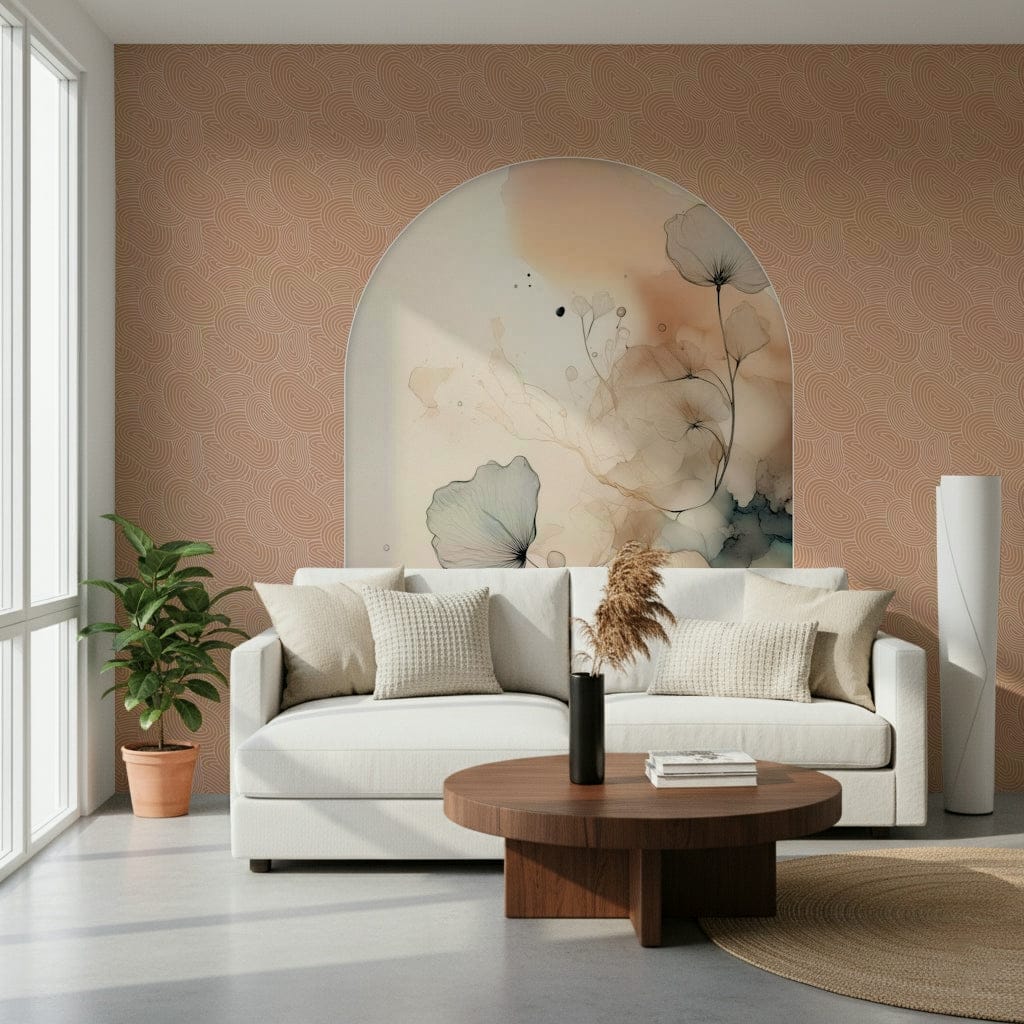 Delicate Bloom Frame wallpaper mural behind a white curved sofa and round walnut coffee table with a fiddle-leaf fig