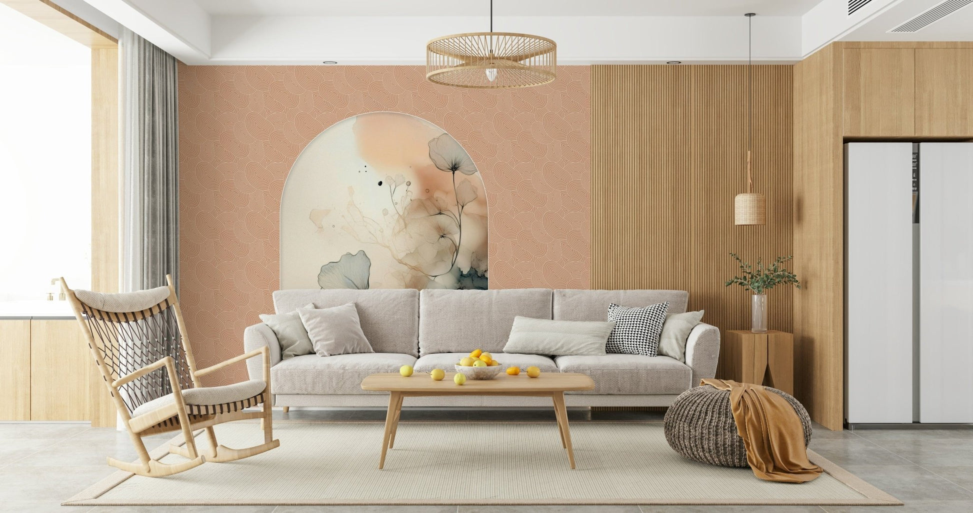 Delicate Bloom Frame wallpaper mural behind a grey sofa and wood rocking chair with a bowl of lemons in a living room