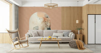 Delicate Bloom Frame wallpaper mural behind a grey sofa and wood rocking chair with a bowl of lemons in a living room