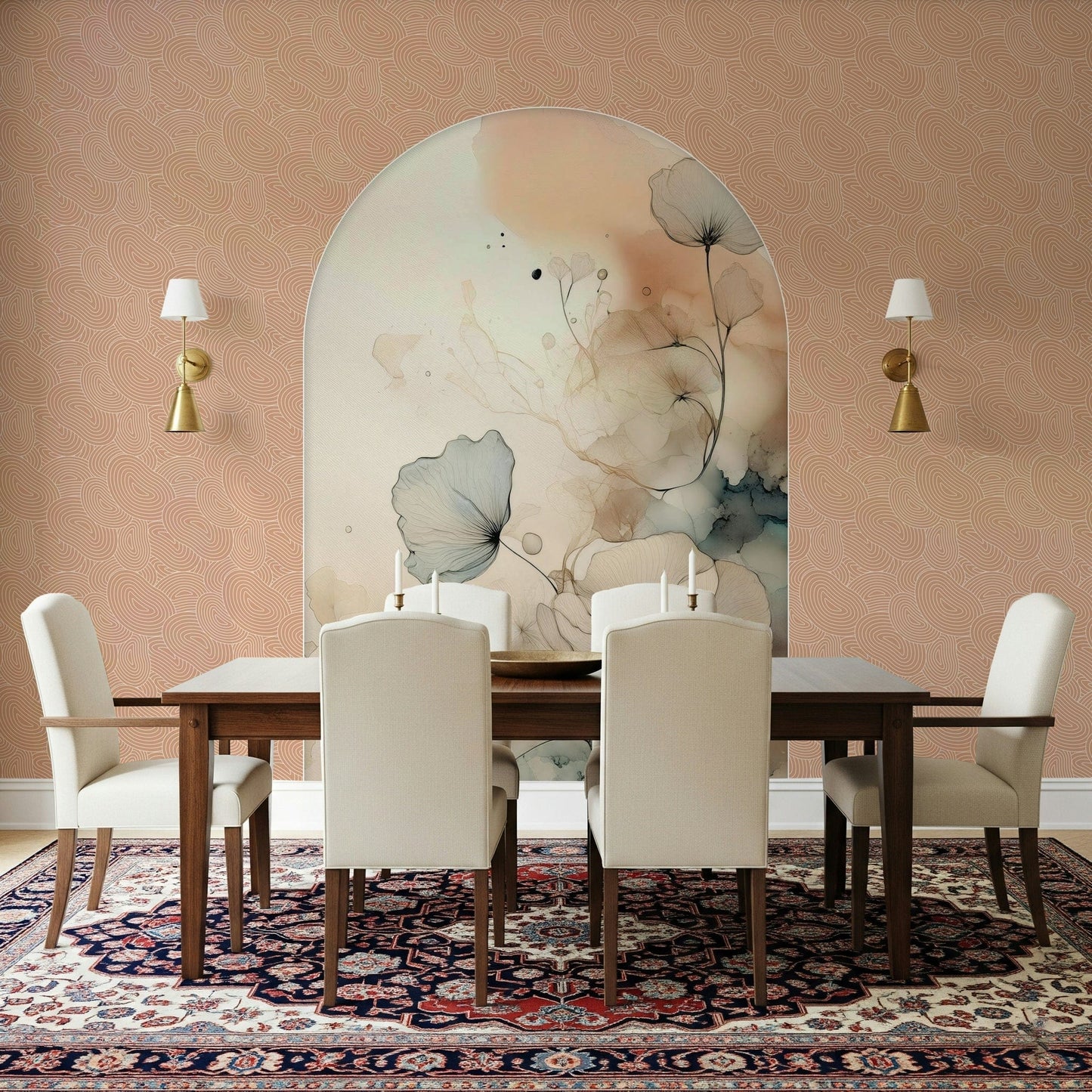 Delicate Bloom Frame wallpaper mural between brass sconces above a wood dining table with cream chairs and a Persian rug