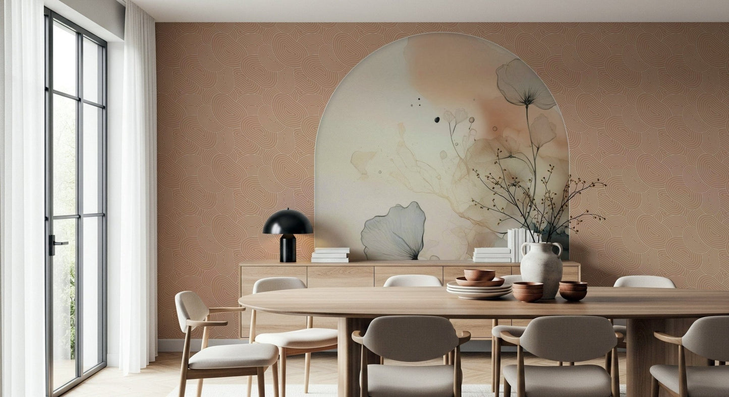Delicate Bloom Frame wallpaper mural in an arch above a wood sideboard and oval dining table with a black mushroom lamp