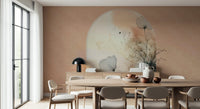 Delicate Bloom Frame wallpaper mural in an arch above a wood sideboard and oval dining table with a black mushroom lamp