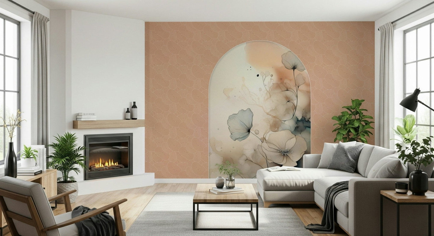 Delicate Bloom Frame wallpaper mural beside a lit fireplace behind a grey sectional and wood coffee table in a living room