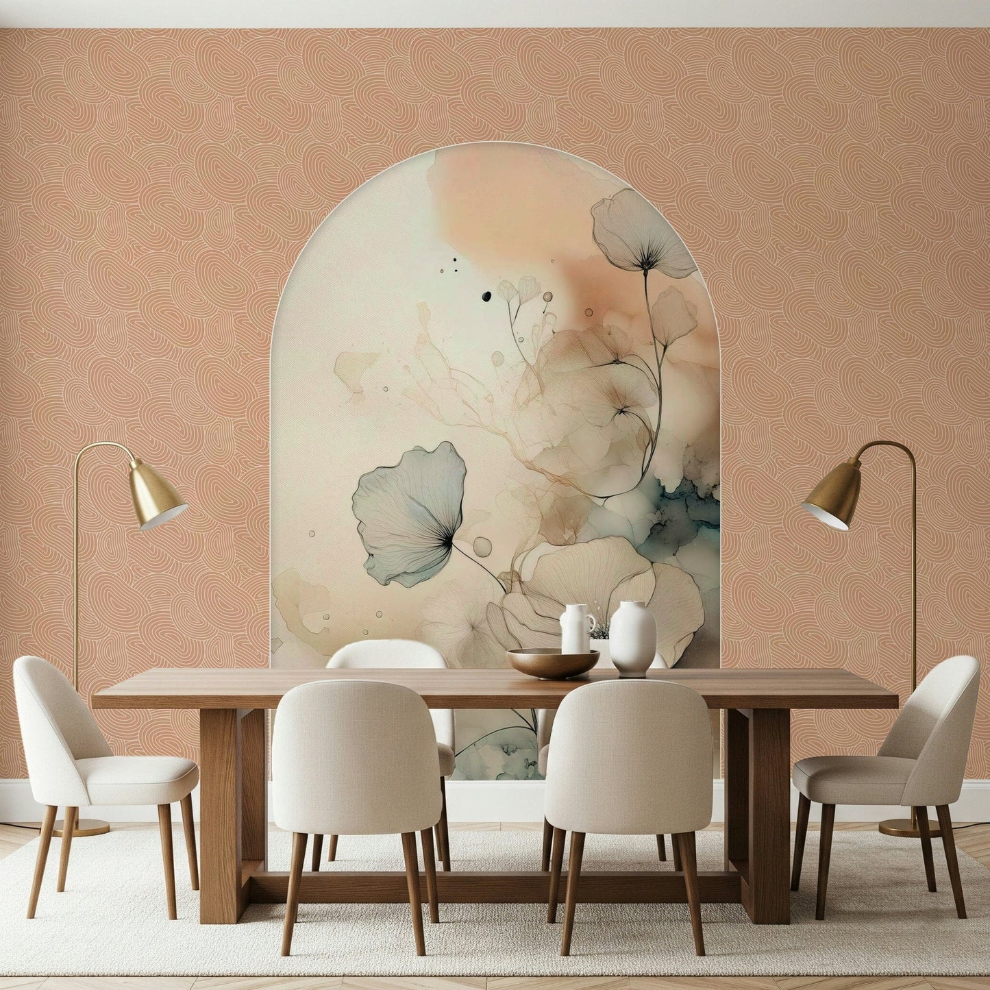 Delicate Bloom Frame wallpaper mural of peach and teal ink flowers between two brass floor lamps over a wood dining table