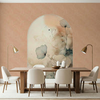 Delicate Bloom Frame wallpaper mural of peach and teal ink flowers between two brass floor lamps over a wood dining table
