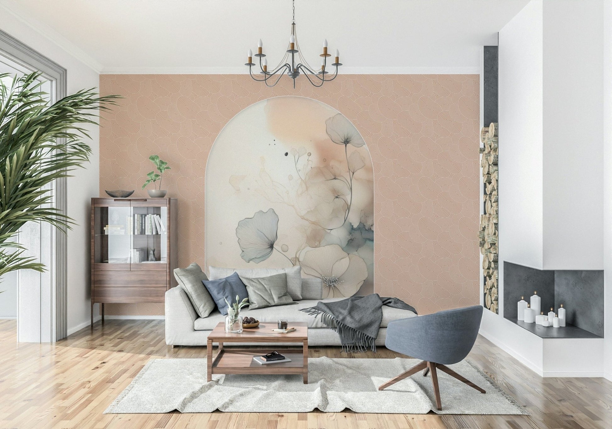 Delicate Bloom Frame wallpaper mural behind a grey sofa with a blue swivel chair and glass cabinet under a chandelier