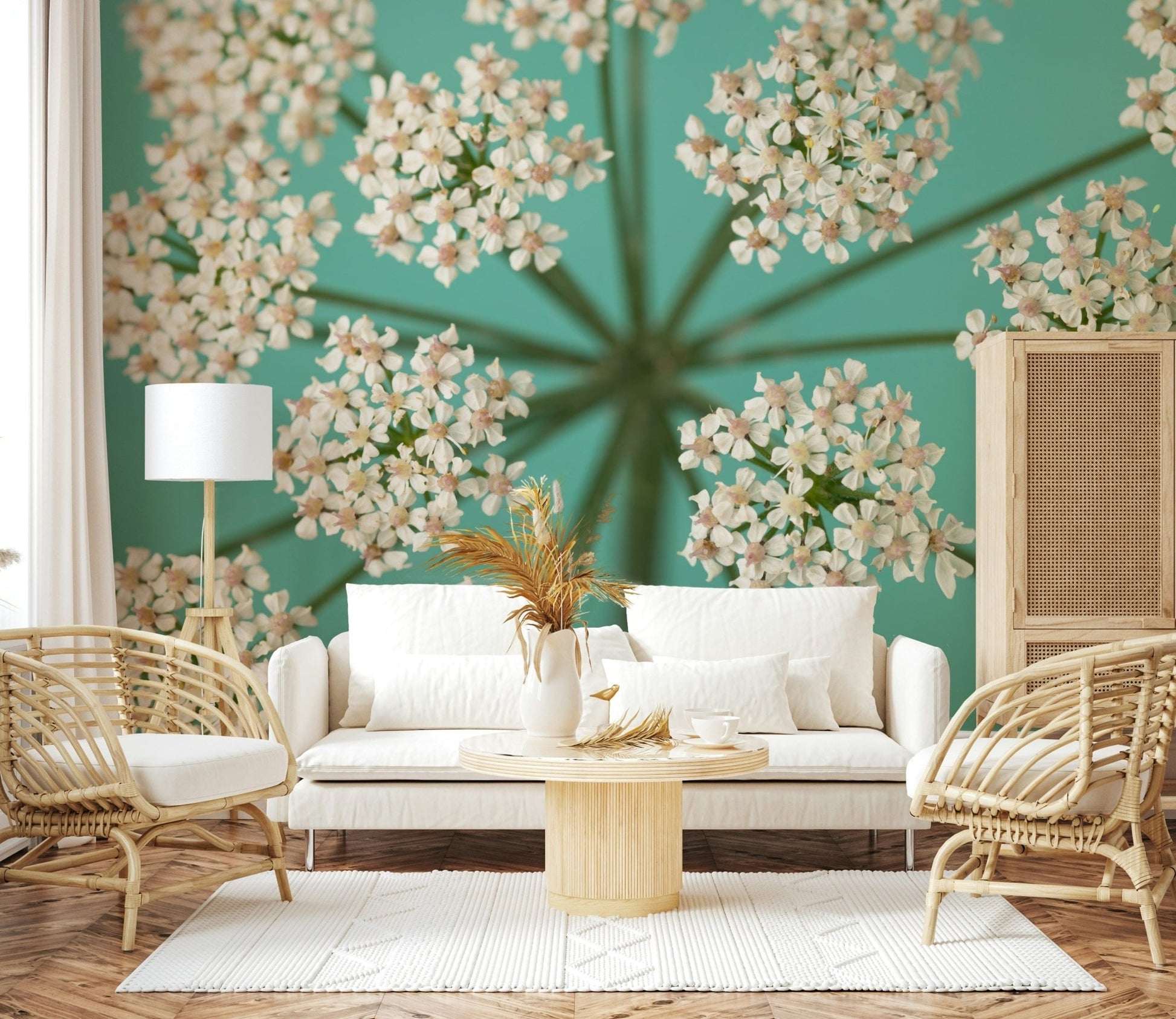 White wildflower wall mural on soft teal