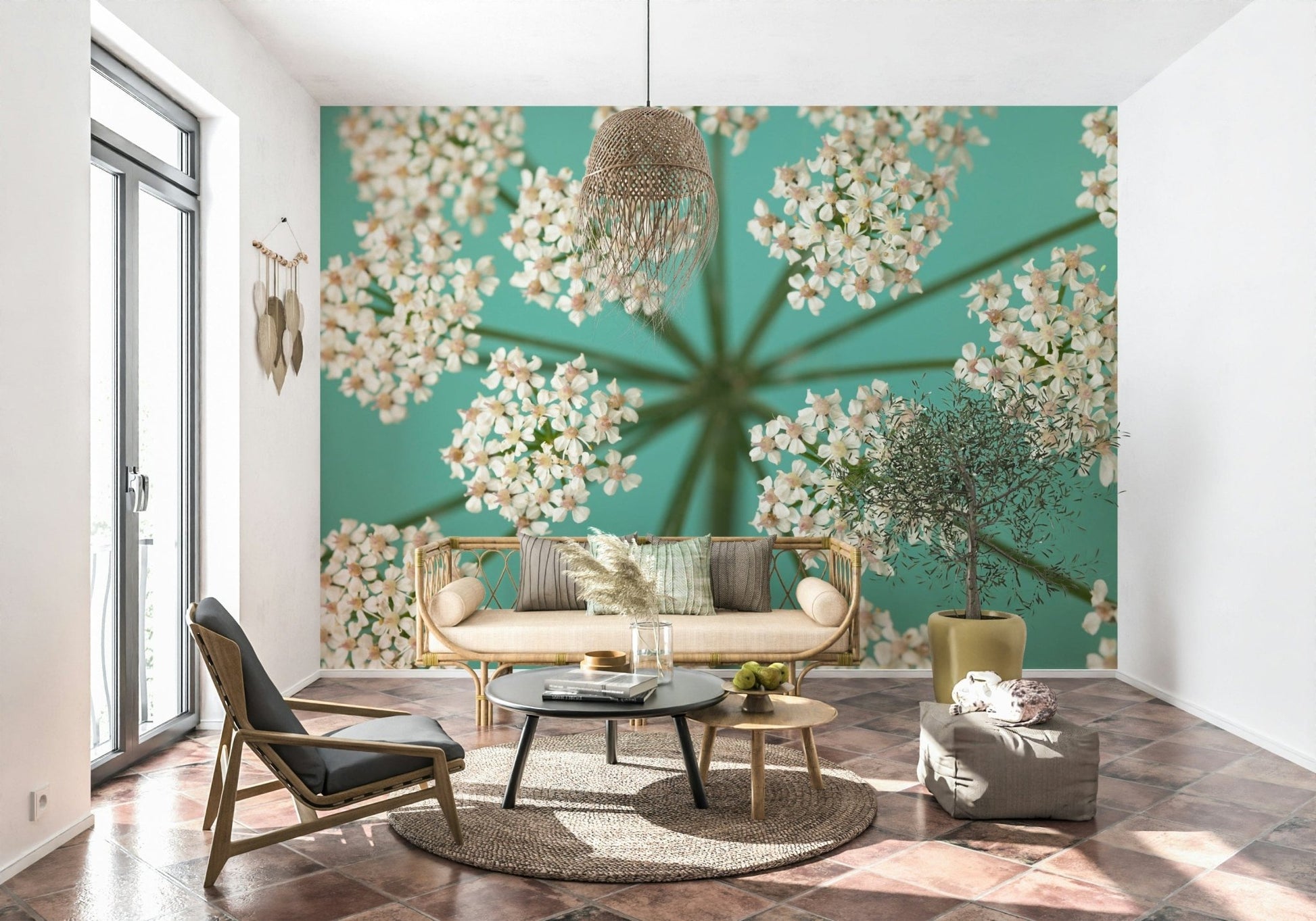 Floral pattern wall mural with green stems