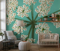 Soft cream flowers wall mural on mint